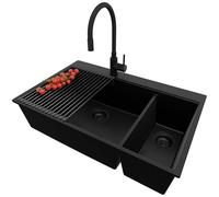 PRIMAGRAN Fregadero Granito Todo Negro 78x50cm, Cocina 2 Senos + Grifo 40x38cm + Juego de accesorios, Sobre Encimera al Mueble 80cm - Oslo Duo Top S056