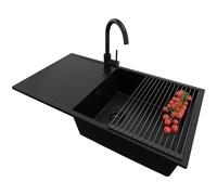 PRIMAGRAN Fregadero Granito Todo Negro 90x50cm, Cocina 1 Seno + Grifo 32x20cm + Sifón + Enrollable Escurridor, Sobre encimera al mueble 60cm - Ibiza S064