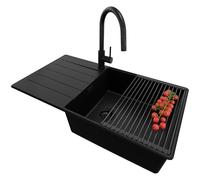 PRIMAGRAN Fregadero Granito Todo Negro 90x50cm, Cocina 1 Seno + Grifo 40x20cm + Sifón + Enrollable Escurridor, Sobre encimera al mueble 60cm - Copenhague S487