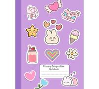 Primary Composition Notebook for K-2 Girls - Kawaii Sticker Theme in Purple - Writing and Drawing Journal with Picture Box - Early Learning School Notebook - For Kindergarten and 1st Grade