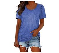 Primavera Verano Color Sólido Cuello Redondo Manga Corta Pliegue Lateral Casual Top Camiseta Manga Larga Mujer Acanalado, azul, L