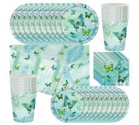 Primavera Verde Flor Mariposa Vajilla de Fiesta de Cumpleaños para Niñas - 61 Piezas con Platos, Vasos, Servilletas de Papel y Manteles