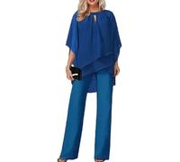 Primavera y Otoño Mujer Dos Piezas Madre de los Vestidos de Novia Traje de Trabajo Boda Invitados Fiesta Traje Casual Irregular Chiffon Pantalones de Pierna Ancha Conjunto (Azul,L)