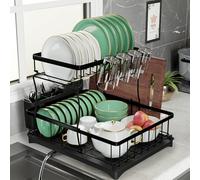 PRIME FEEL Escurreplatos de 2 niveles, escurridor de platos inoxidable para encimera de cocina, estante para tabla de drenaje con bandeja de goteo, escurridor de cubiertos, soporte de vidrio y estante