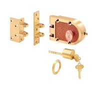 PRIME-LINE SE 15361 - Cerrojo de seguridad, aleación de bronce macizo, latón cepillado, ángulo y golpe plano, cerradura de puerta de un solo cilindro, 1 paquete