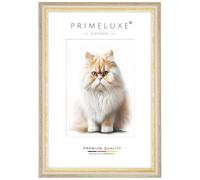 PrimeLuxe Marco de fotos de madera maciza a medida, 29 x 43 cm, color beige y dorado, tamaño a elegir, con cristal acrílico antirreflejos, marco para pósteres, puzles, collage de fotos