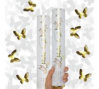 PrimePure Cañones de Confeti Fiesta, Mariposas Blancas y Doradas, Pack de 2