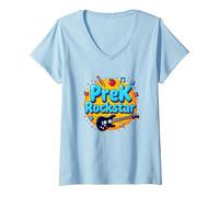 Primer día de Preescolar PreK Rockstar Fun School Start Camiseta Cuello V, Mujer, Azul Bebé, L