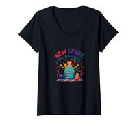 Primer día de Tercer Grado niñas Nuevas Aventuras Camiseta Cuello V, Mujer, Negro, XXL