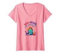 Primer día de Tercer Grado niñas Nuevas Aventuras Camiseta Cuello V, Mujer, Rosado, M