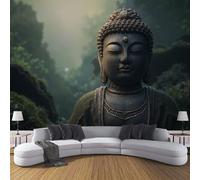 Primer Plano De La Escultura Del Bosque Brumoso Papel Pintado Panorámico 200x140cm, Estilo Zen Tranquilo Papel Pintado De Seda, Grandes Murales Para Sala De Estar Estudio Decoración, Verde Grisáceo