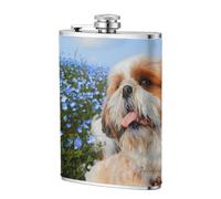 Primer plano de un Shih Tzu,Frasco de acero inoxidable 304 de 8 oz con funda de cuero sintético, frasco de bolsillo para licor plano para exteriores