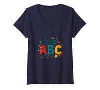 Primeros Pasos para Aprender ABC Camiseta Cuello V, Mujer, Azul Marino, M