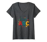 Primeros Pasos para Aprender ABC Camiseta Cuello V, Mujer, Jaspeado Oscuro, L
