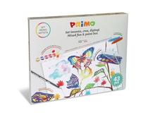PRIMO - Maletín de Colores para Pintar Niños +3 Años, 12 Acuarelas Ø30mm, 1 Pinceles Acuarela, 1 Lápiz HB, 8 Ceras de Colores, Temperas Escolares Gouache y 6 Stencil Plantillas, Manualidades Niña Niño