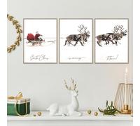 Prinajssiad Lienzo decorativo vintage de 3 piezas de Navidad, Papá Noel rústico con un trineo impreso, imágenes de ciervo de alce de Navidad, decoración de pared para decoración del hogar de invierno,