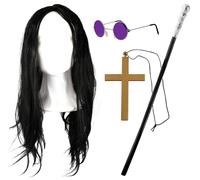 Prince Of Darkness - Juego de accesorios para adultos, incluye peluca larga negra, gafas hippy moradas, collar de cruz, micrófono plateado y bastón plateado para fiestas de disfraces