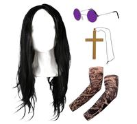 Prince Of Darkness Osbourne - Juego de accesorios para adultos, incluye peluca larga negra, gafas hippy, collar de cruz y mangas de tatuaje, para fiestas de disfraces, Halloween, eventos de concierto