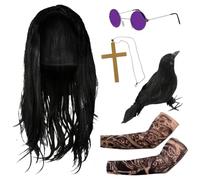 Prince Of Darkness Osbourne - Juego de accesorios para adultos, mangas tatuadas, peluca larga negra, gafas hippy, collar de cruz y cuervo, para fiestas de disfraces, Halloween, eventos novedosos de