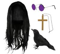 Prince Of Darkness Osbourne - Juego de accesorios para adultos, peluca larga negra, gafas hippy, collar de cruz y cuervo, para fiestas de disfraces, Halloween, eventos novedosos de concierto de ciervo
