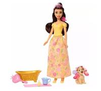 Mattel Disney Princesas Bella Baña y cepilla al Perrito Muñeca de Moda y Figura de Perrito con Manchas Que cambian de Color, bañera, Cepillo y Accesorios para el Pelo, Juguete Inspirado, JFC42