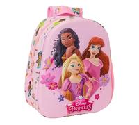 PRINCESAS DISNEY - Mochila Escolar, con Diseño 3D, Adaptable a Carro, Ideal para Niños de Diferentes Edades, Cómoda y Versátil, Calidad y Resistencia, 27x10x33 cm, Color Rosa