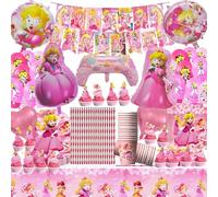 Princess Party Vajilla, 145 Piezas Peach Platos y Vasos para Cumpleaños, Juego de Vajilla Princess Cumpleaños, Globos Cumpleaños Princesa, Platos Tazas Servilletas Manteles Pancarta(20 Invitados)