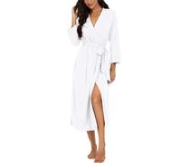 PrinStory Albornoz de mujer ligero manga 3/4 bata cuello en v kimono batas ropa de dormir larga, Blanco, XXL