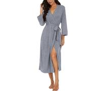 PrinStory Albornoz de mujer ligero manga 3/4 bata cuello en v kimono batas ropa de dormir larga, gris claro, S