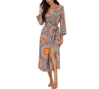 PrinStory Albornoz de mujer ligero manga 3/4 bata cuello en v kimono batas ropa de dormir larga, Hermoso azul, L