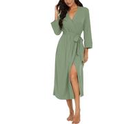 PrinStory - Albornoz para mujer, ligero con mangas 3/4, kimono, con cuello en V, bata, ropa de noche larga, verde claro, M