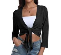 PrinStory Boleros para mujer, cuello en V, casual, ligero, con lazo frontal, manga 3/4, parte superior suave, Negro, L