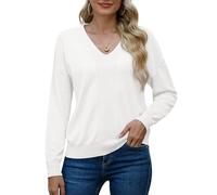 PrinStory Camisetas de punto de manga larga con cuello en V para mujer, sudaderas de color sólido, blanco, L