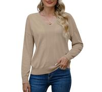 PrinStory Camisetas de punto de manga larga con cuello en V para mujer, sudaderas de color sólido, caqui, L