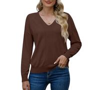 PrinStory Camisetas de punto de manga larga con cuello en V para mujer, sudaderas de color sólido, marrón, L