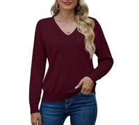 PrinStory Camisetas de punto de manga larga con cuello en V para mujer, sudaderas de color sólido, rojo vino, L