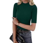 PrinStory Camisetas de verano para mujer, de media manga, ajustadas, cuello redondo, camisetas de punto liso, verde oscuro, L