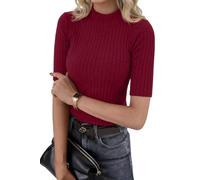 PrinStory Camisetas de verano para mujer, de media manga, ajustadas, cuello redondo, camisetas de punto liso, rojo oscuro, L