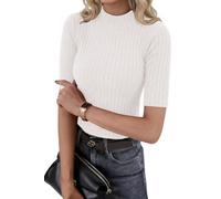 PrinStory Camisetas para mujer, cuello redondo, media manga, camiseta básica, ajustada, cuello alto, camiseta de verano, manga corta, Blanco, L