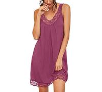 PrinStory Camisón de encaje para mujer, de algodón, ropa de cama, lencería sin mangas, Morado y rojo., M