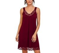PrinStory Camisón de encaje para mujer, de algodón, ropa de cama, lencería sin mangas, rojo vino, S
