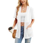 PrinStory Cárdigan de verano ligero de manga corta para mujer, con bolsillo, casual, parte delantera abierta, cuello en V, ropa exterior, A blanco., M