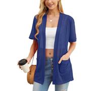 PrinStory Cárdigan de verano ligero de manga corta para mujer, con bolsillo, casual, parte delantera abierta, cuello en V, ropa exterior, A Royal Blue, S