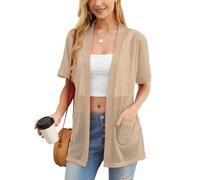 PrinStory Cárdigan de verano ligero de manga corta para mujer, con bolsillo, casual, parte delantera abierta, cuello en V, ropa exterior, caqui, S