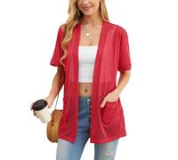PrinStory Cárdigan de verano ligero de manga corta para mujer, con bolsillo, casual, parte delantera abierta, cuello en V, ropa exterior, A rojo, XL