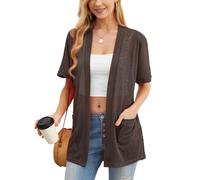 PrinStory Cárdigan de verano ligero de manga corta para mujer, con bolsillo, casual, parte delantera abierta, cuello en V, ropa exterior, Un café, M