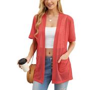 PrinStory Cárdigan de verano ligero de manga corta para mujer, con bolsillo, casual, parte delantera abierta, cuello en V, ropa exterior, XL
