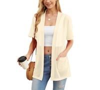 PrinStory Cárdigan de verano ligero de manga corta para mujer, con bolsillo, casual, parte delantera abierta, cuello en V, ropa exterior, Albaricoque, M