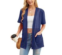 PrinStory Cárdigan de verano ligero de manga corta para mujer, con bolsillo, casual, parte delantera abierta, cuello en V, ropa exterior, Un azul marino., XL