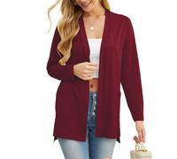 PrinStory Cárdigan ligero para mujer, manga larga, frente abierto, cuello en V, ropa exterior ligera con bolsillo, rojo vino, XXL